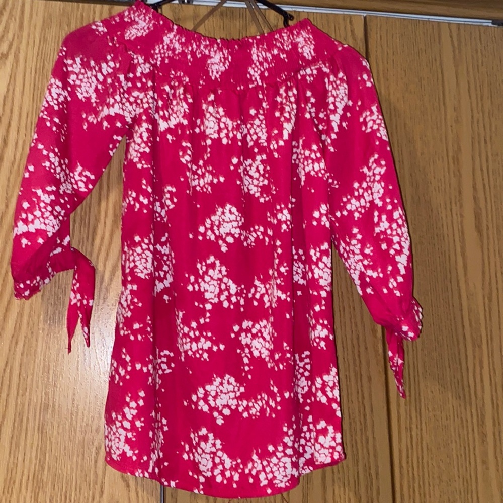 Pink and white off the shoulder Stella tweed blouse